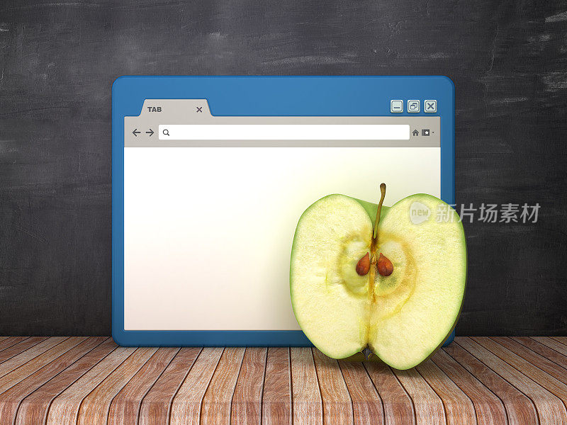 Web浏览器与苹果在黑板背景- 3D渲染